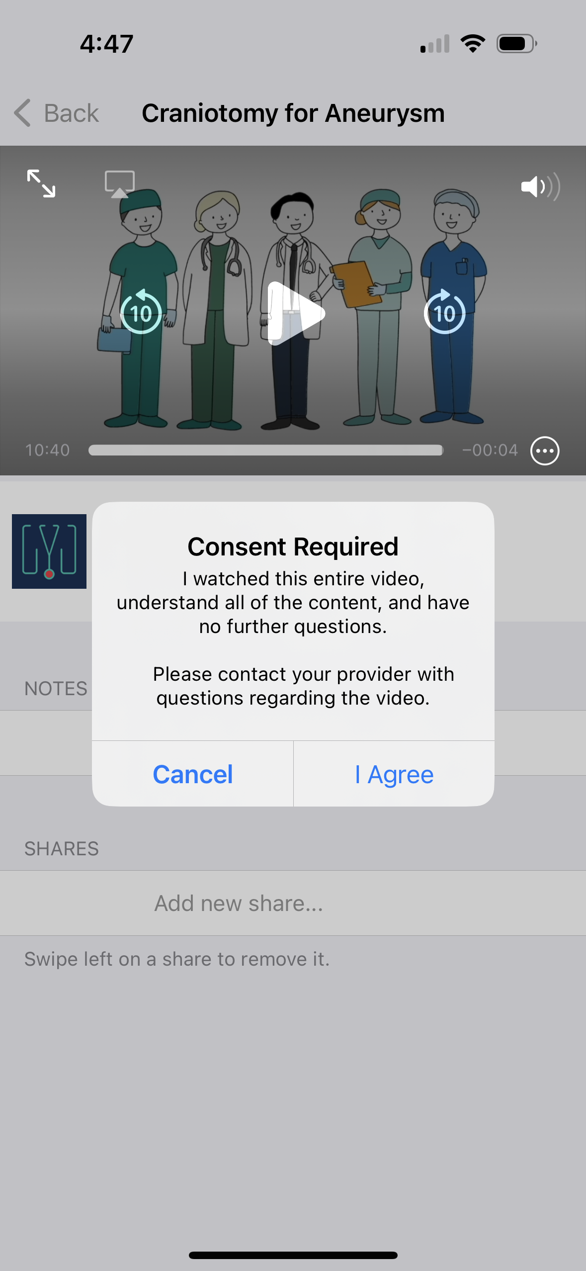 Patient consent screen in the Medical Memory app