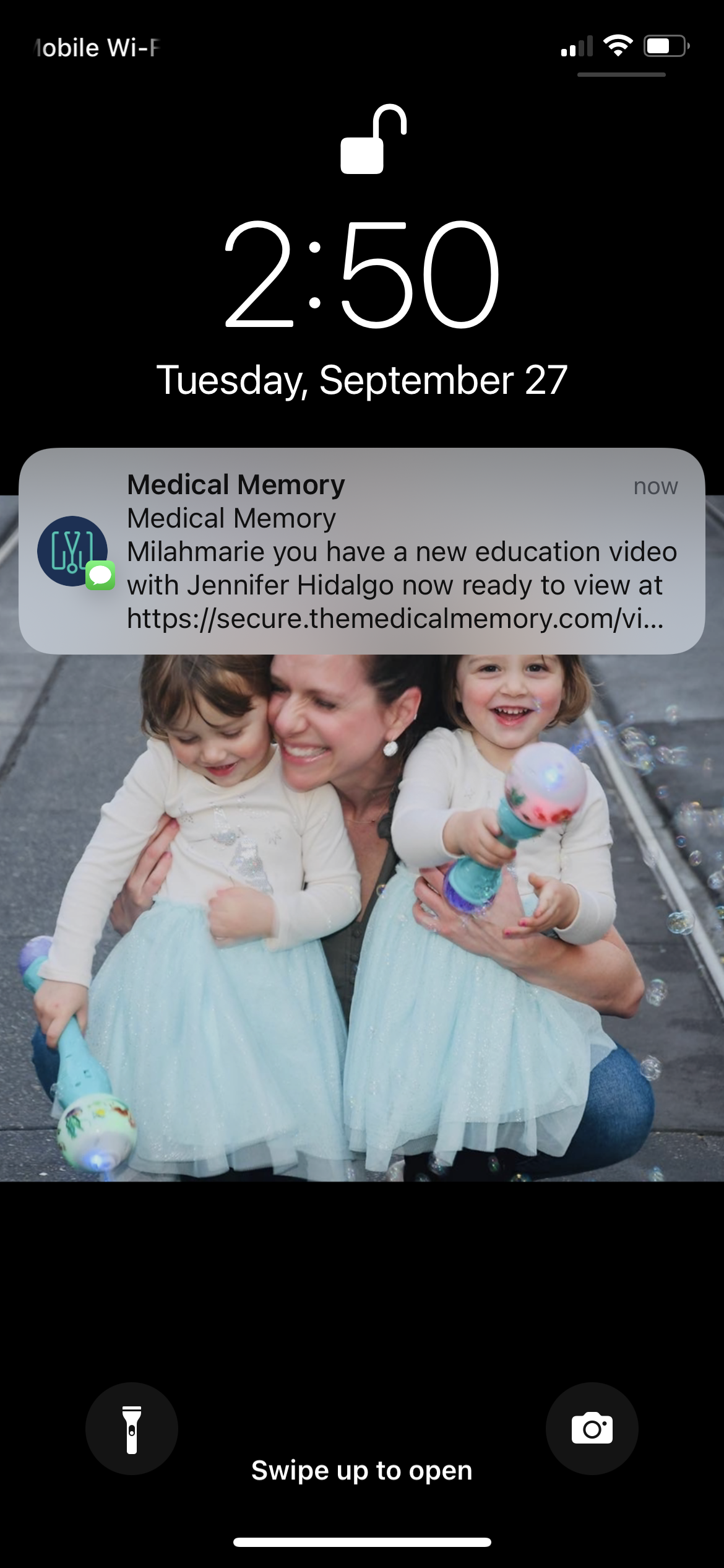 Patient receives a Medical Memory notification on their phone